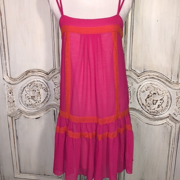 Rachel Rachel Roy Fuchsia With Orange Lace Accent Trim Spaghetti Strap Dress - Picture 4 of 11